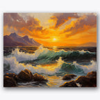 Paint by numbers design of ocean waves, sunset, crashing waves, vivid sunset hues