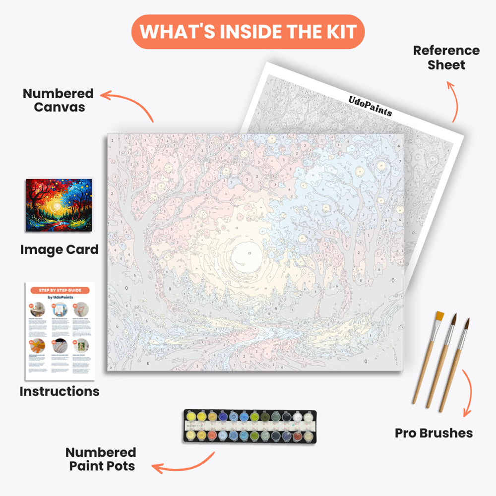 Enchanted Forest Paint by Numbers Kit – includes numbered canvas, paint pots, brushes, and instructions