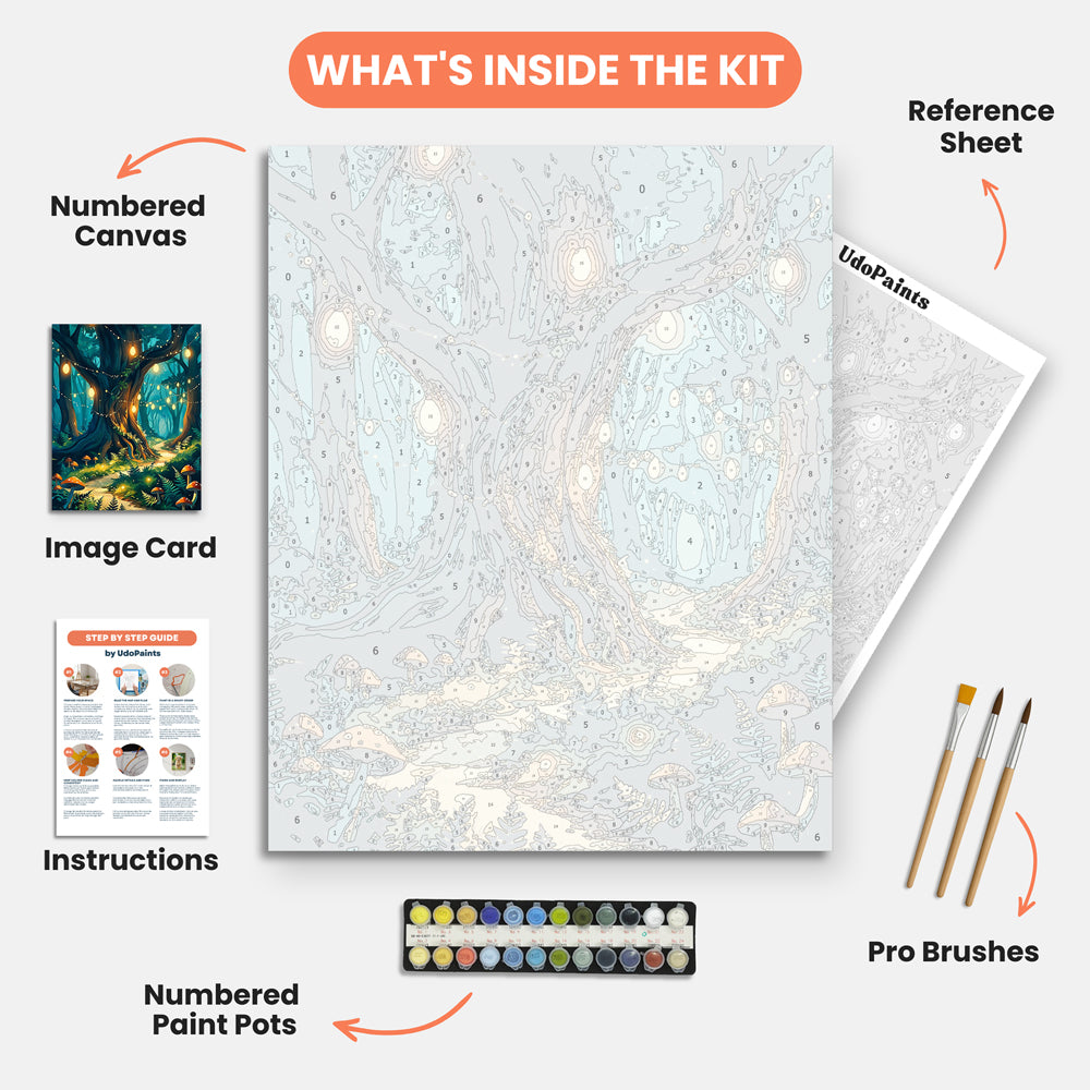 Enchanted Forest Glow Paint by Numbers Kit – includes numbered canvas, paint pots, brushes, and instructions