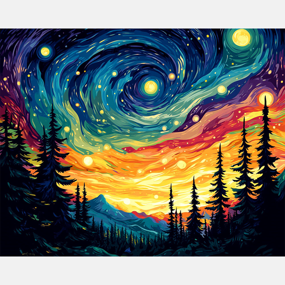 Enchanted Forest Skies Paint by Numbers Kit design preview showing the full artwork layout before painting
