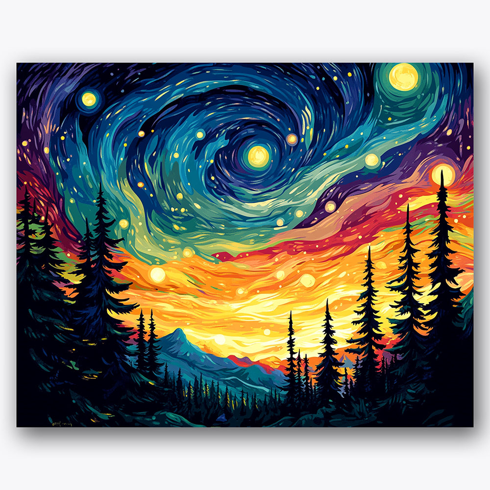 Paint by numbers design of night sky, evergreen forest, swirling night sky, vibrant star patterns
