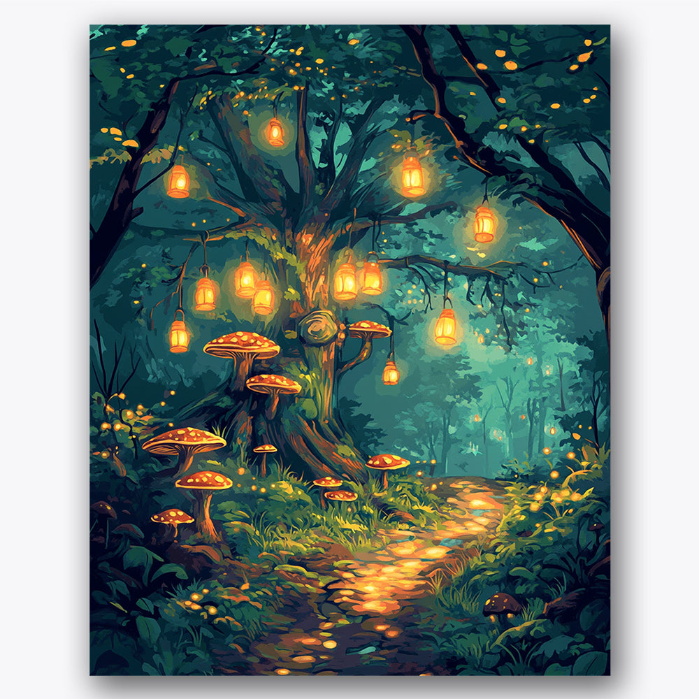 Paint by numbers design of lanterns, mushrooms, glowing lanterns, tall mushrooms