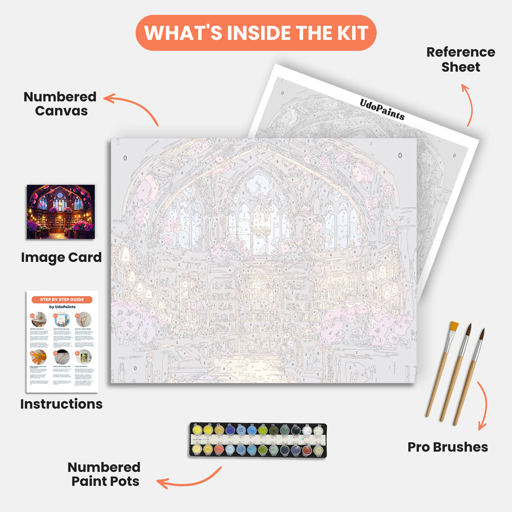 Enchanted Library Paint by Numbers Kit – includes numbered canvas, paint pots, brushes, and instructions