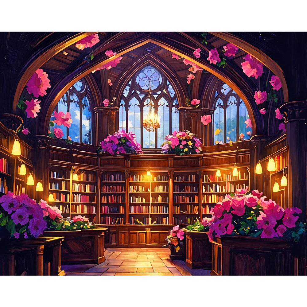 Enchanted Library Paint by Numbers Kit design preview showing the full artwork layout before painting