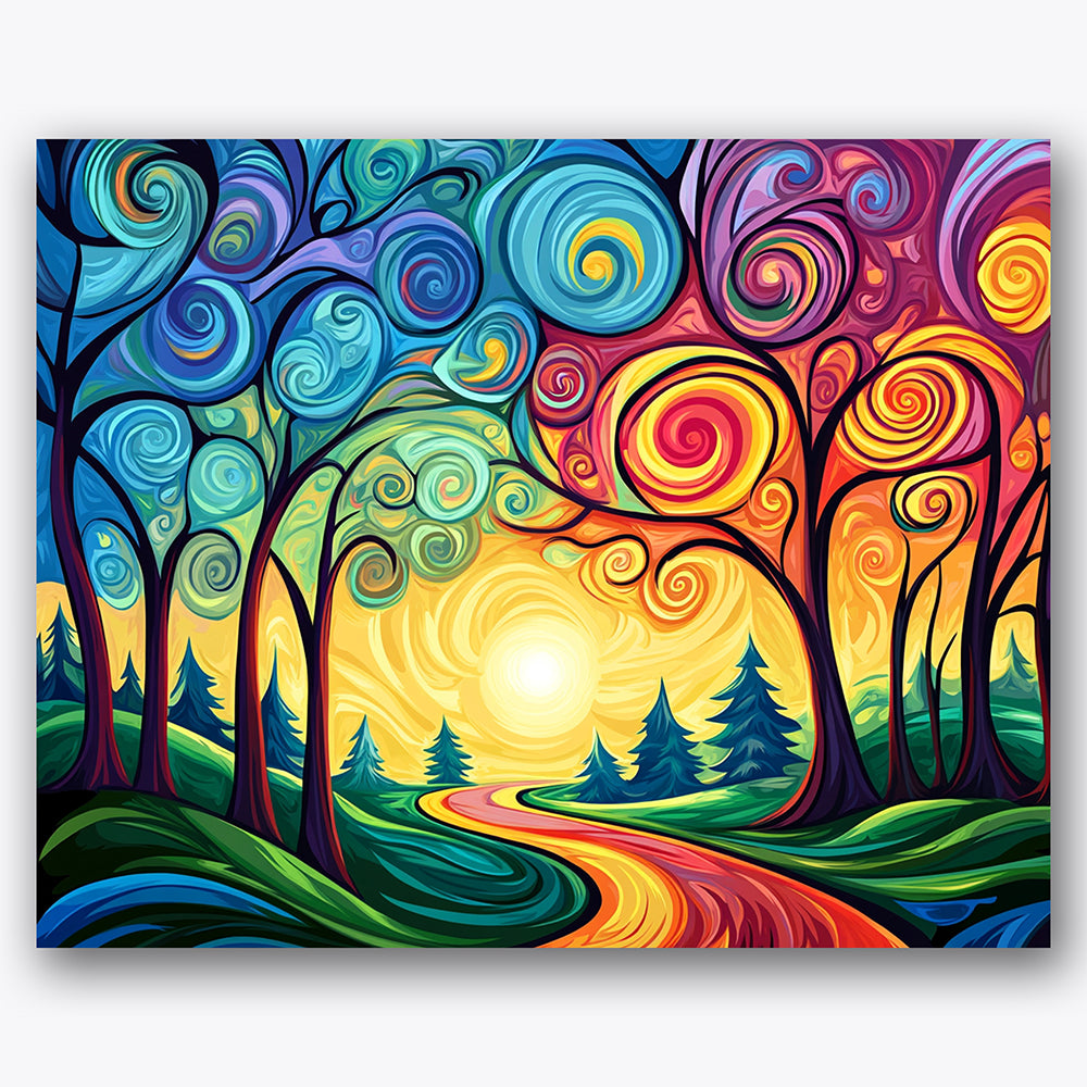 Paint by numbers design of trees, sunset, swirling sky patterns, vibrant tree colors