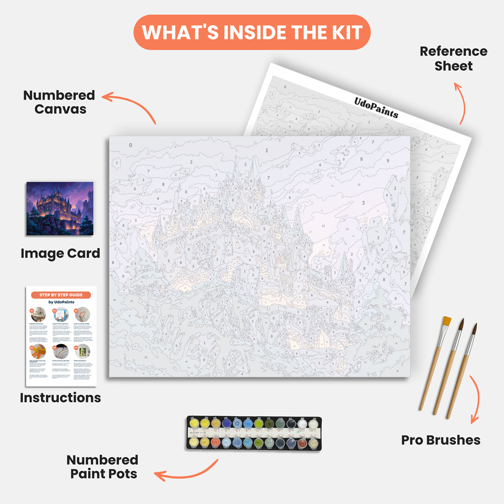 Enchanted Twilight Castle Paint by Numbers Kit – includes numbered canvas, paint pots, brushes, and instructions