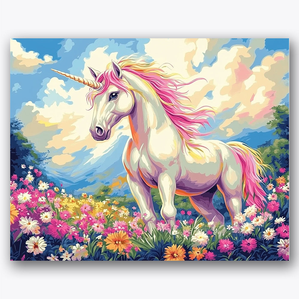 Paint by numbers design of unicorn, flower meadow, pink and yellow mane, colorful floral meadow