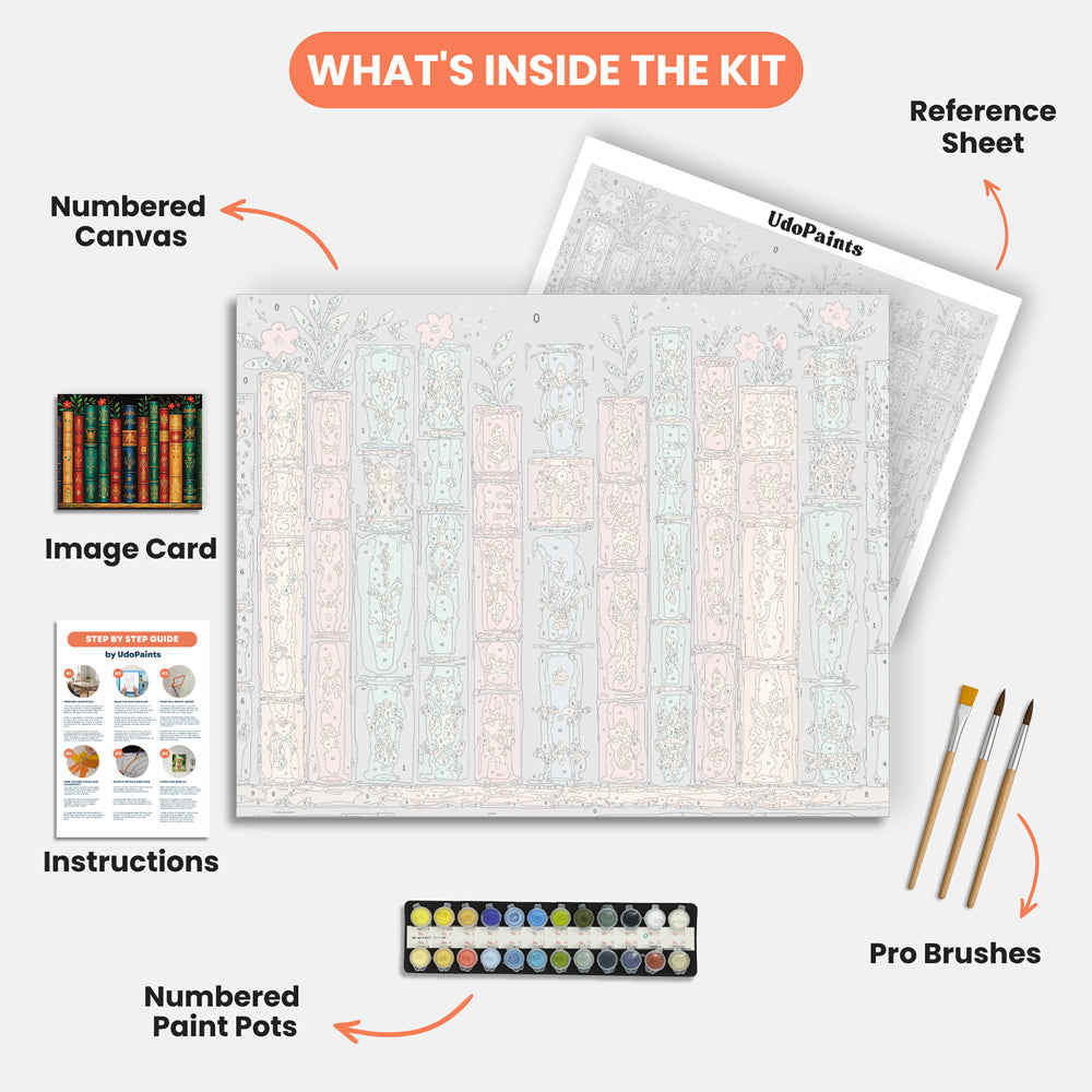 Enchanting Bookshelf Paint by Numbers Kit – includes numbered canvas, paint pots, brushes, and instructions