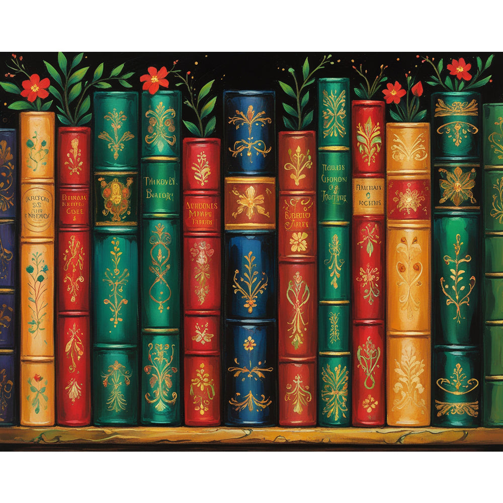 Enchanting Bookshelf Paint by Numbers Kit design preview showing the full artwork layout before painting