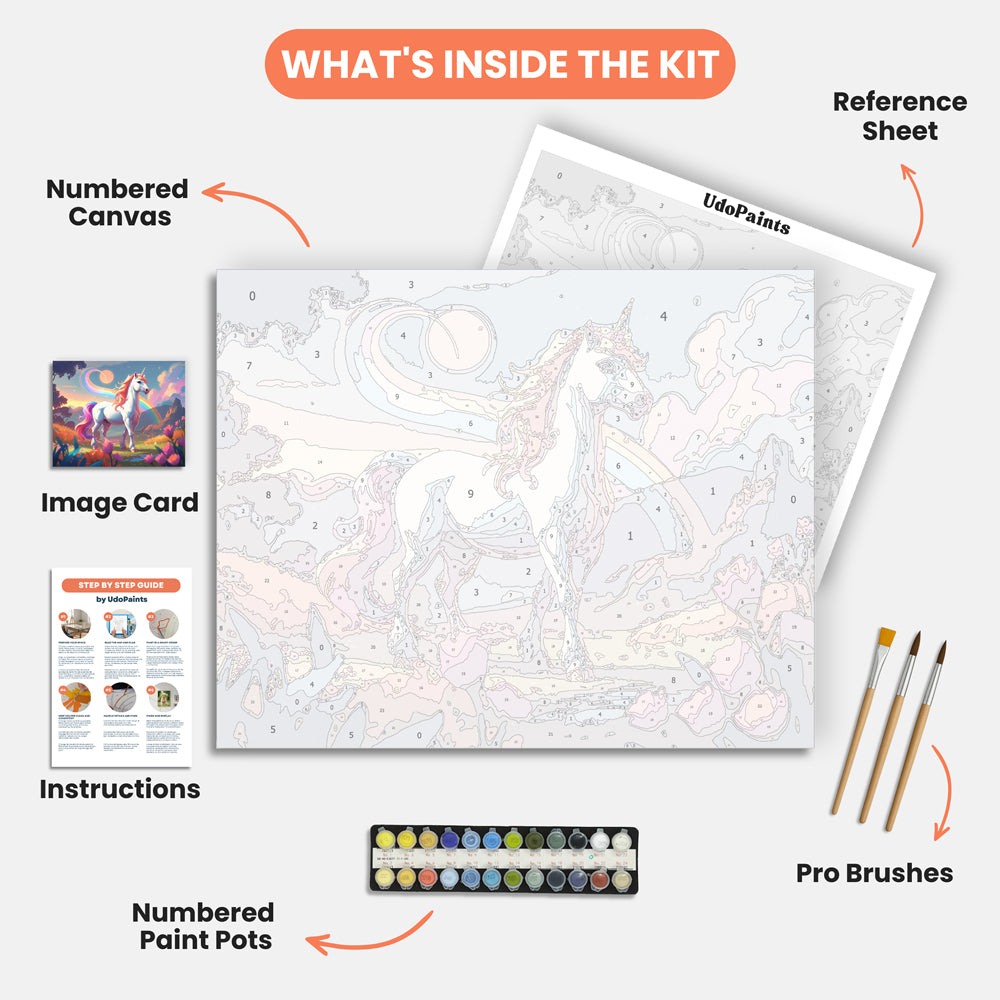 Enchanting Unicorn Paint by Numbers Kit – includes numbered canvas, paint pots, brushes, and instructions