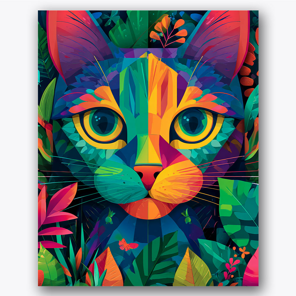 Paint by numbers design of cat, tropical foliage, large wide eyes, multicolored fur