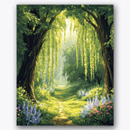 Paint by numbers design of forest, wildflowers, dangling willow branches, soft sunlit path