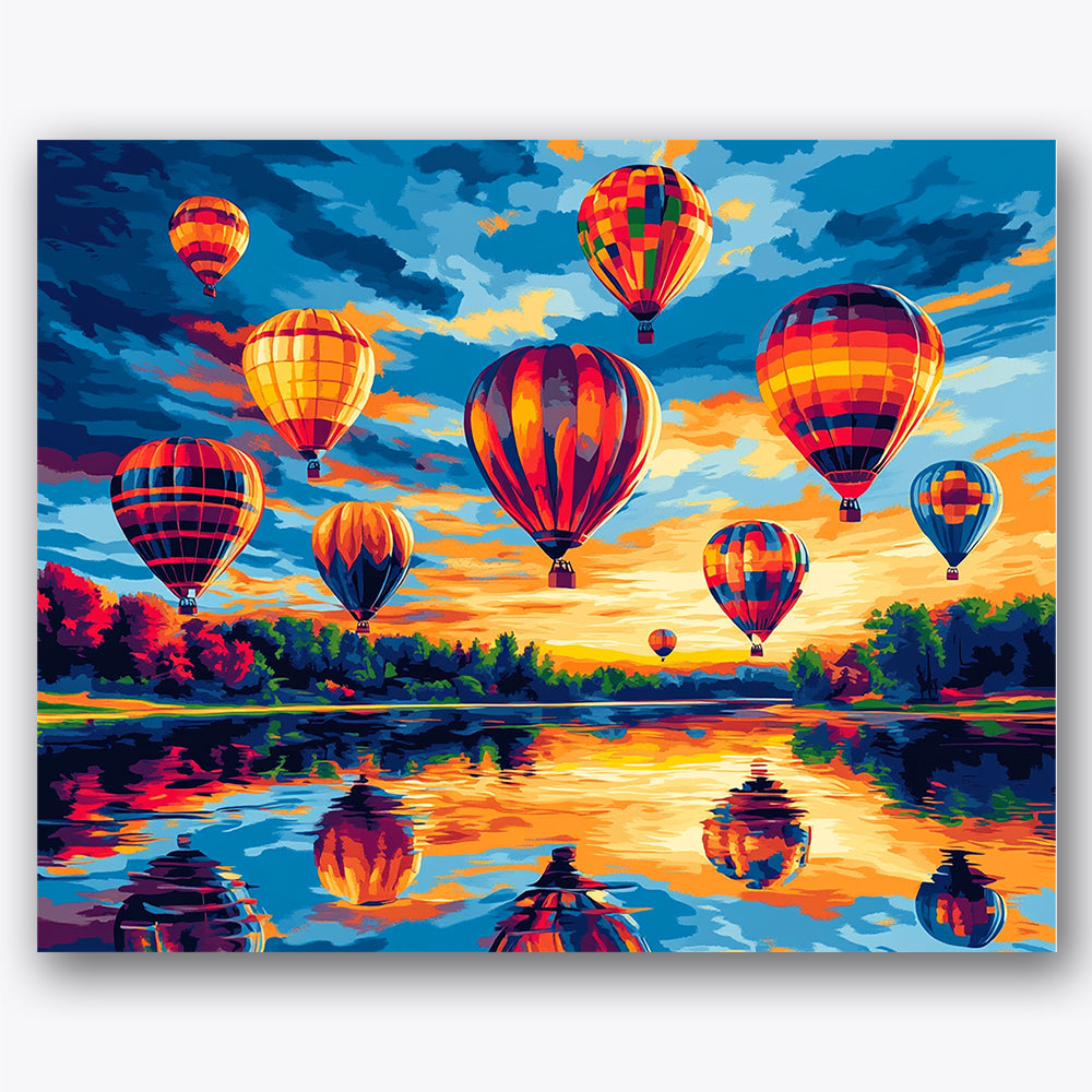 Paint by numbers design of hot air balloons, reflective lake, vibrant sunset sky, hot air balloons
