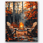 Paint by numbers design of bonfire, forest clearing, vibrant red leaves, rock-ringed fire