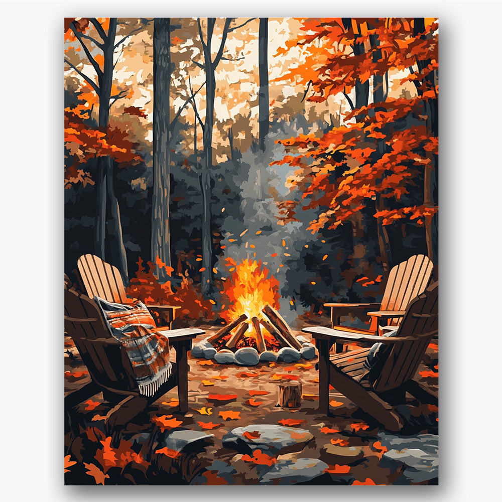 Paint by numbers design of bonfire, forest clearing, vibrant red leaves, rock-ringed fire