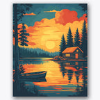 Paint by numbers design of cabin, canoe, sunlit cabin, orange clouds