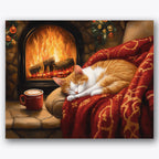 Paint by numbers design of sleeping cat, fireplace, sleeping cat, red patterned blanket