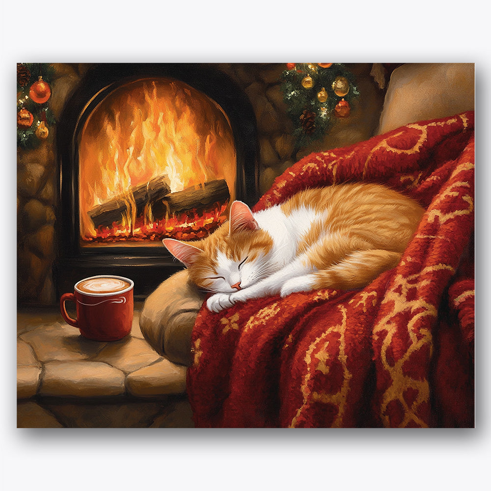 Paint by numbers design of sleeping cat, fireplace, sleeping cat, red patterned blanket
