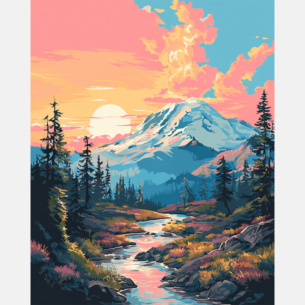 Evening Mountain Flow Paint by Numbers Kit design preview showing the full artwork layout before painting
