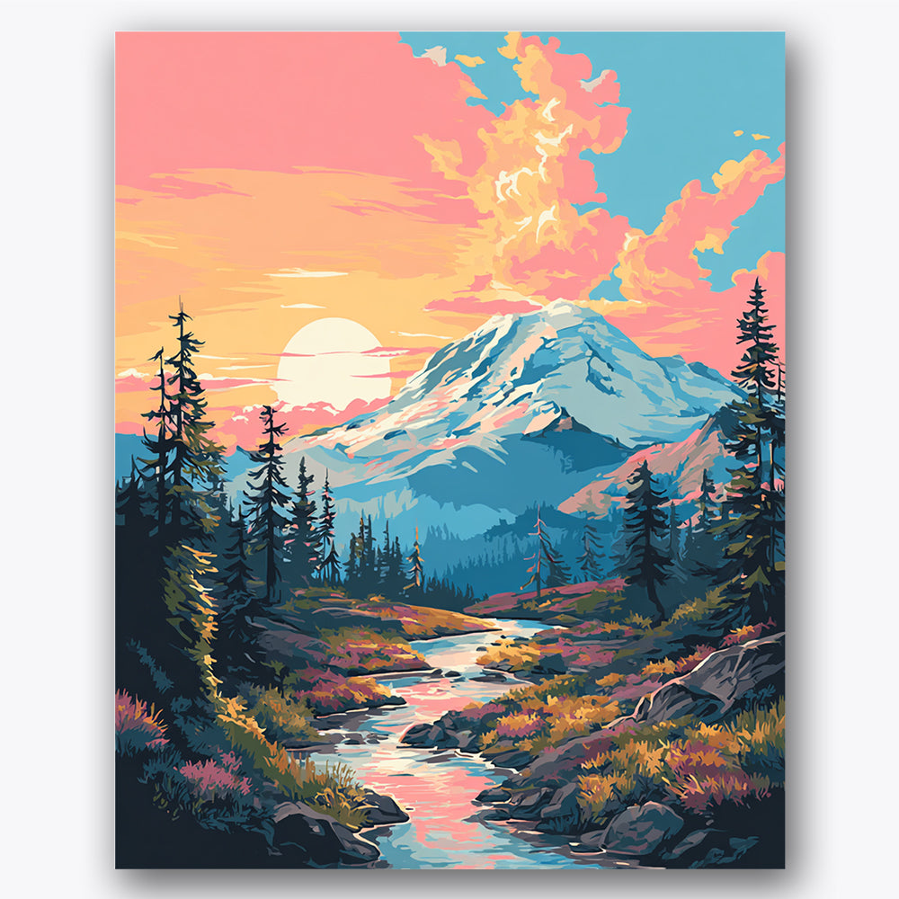 Paint by numbers design of mountain, river, vibrant sunset sky, tall evergreen trees, A mountain under a colorful sunset