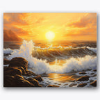 Paint by numbers design of ocean waves, sunset, crashing ocean waves, golden sunset sky