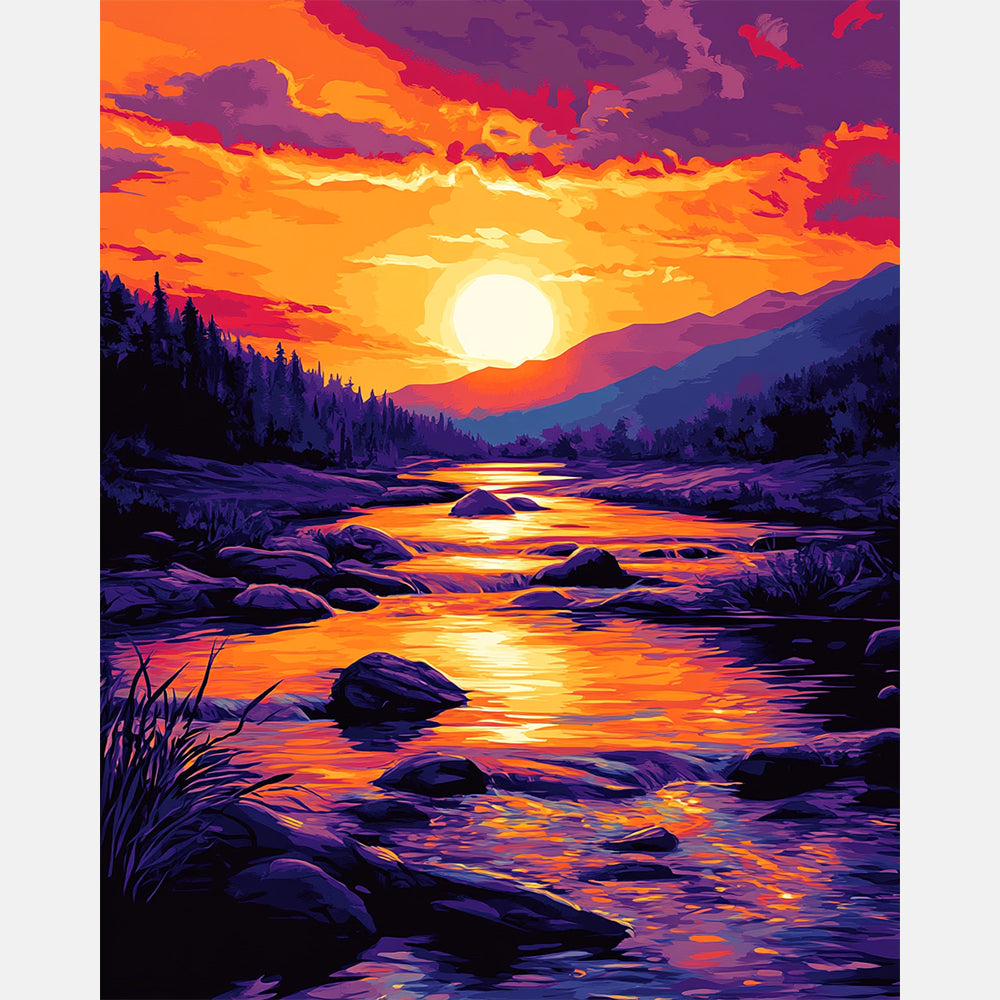 Evening River Pass Paint by Numbers Kit design preview showing the full artwork layout before painting