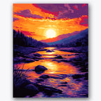 Paint by numbers design of river, sunset, vivid orange sky, purple mountain silhouettes