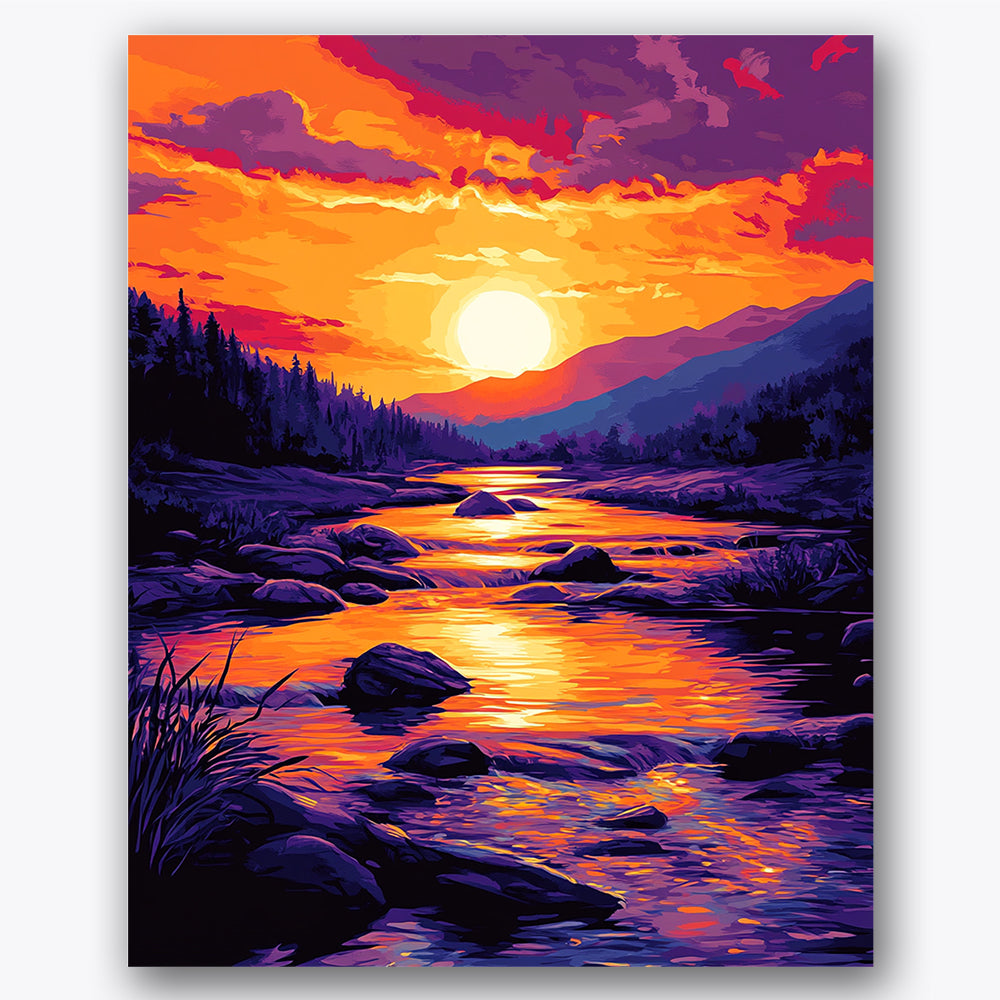 Paint by numbers design of river, sunset, vivid orange sky, purple mountain silhouettes