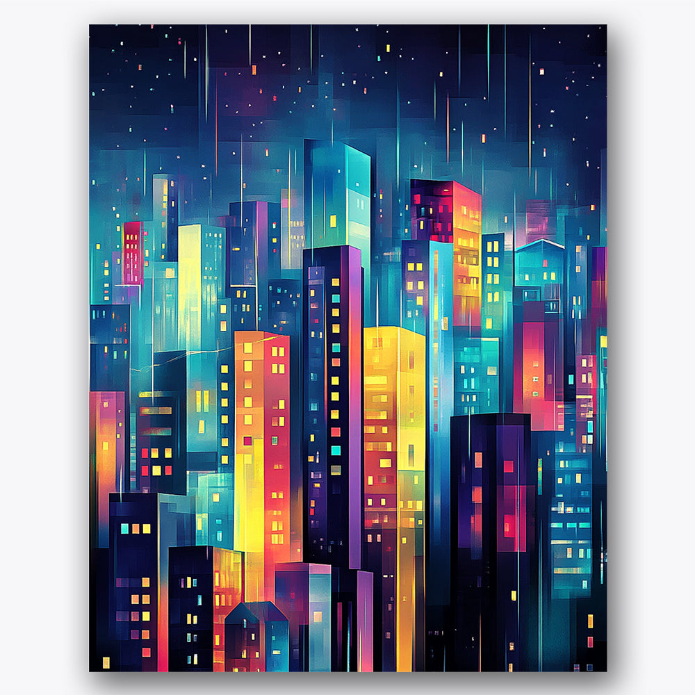 Paint by numbers design of city skyline, night scene, illuminated buildings, colorful glowing windows