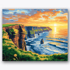 Paint by numbers design of cliffs, sunset, vivid sunset sky, vertical rocky cliffs