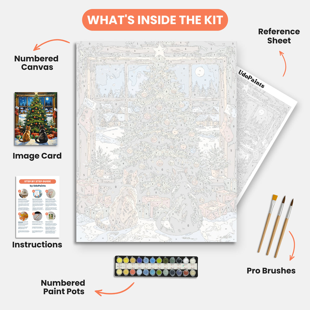 Festive Feline Night Paint by Numbers Kit – includes numbered canvas, paint pots, brushes, and instructions