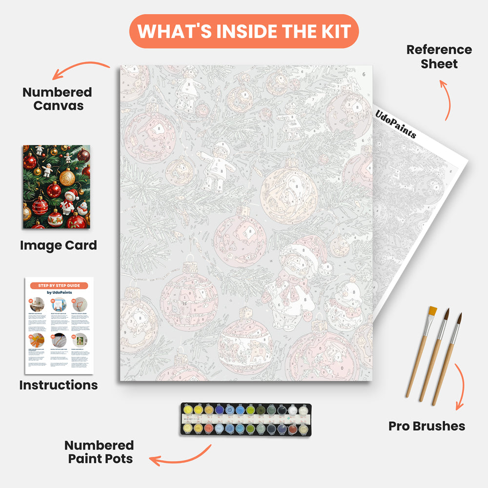 Festive Ornaments Paint by Numbers Kit – includes numbered canvas, paint pots, brushes, and instructions