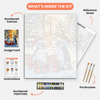 Festive Penguins Paint by Numbers Kit – includes numbered canvas, paint pots, brushes, and instructions