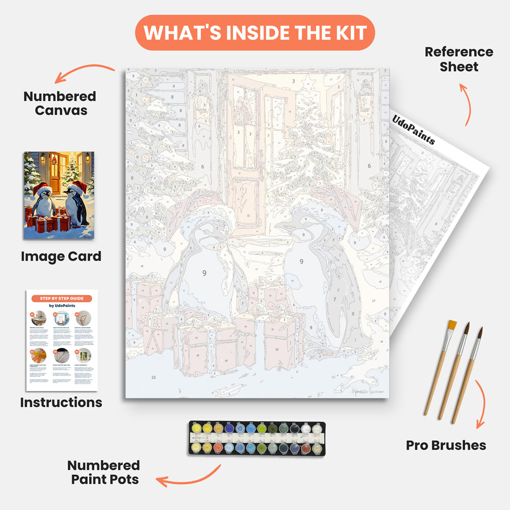Festive Penguins Paint by Numbers Kit – includes numbered canvas, paint pots, brushes, and instructions