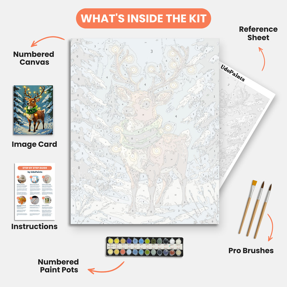 Festive Reindeer Paint by Numbers Kit – includes numbered canvas, paint pots, brushes, and instructions