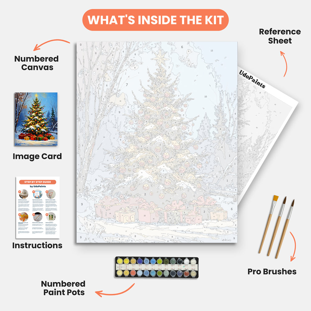 Festive Tree Paint by Numbers Kit – includes numbered canvas, paint pots, brushes, and instructions
