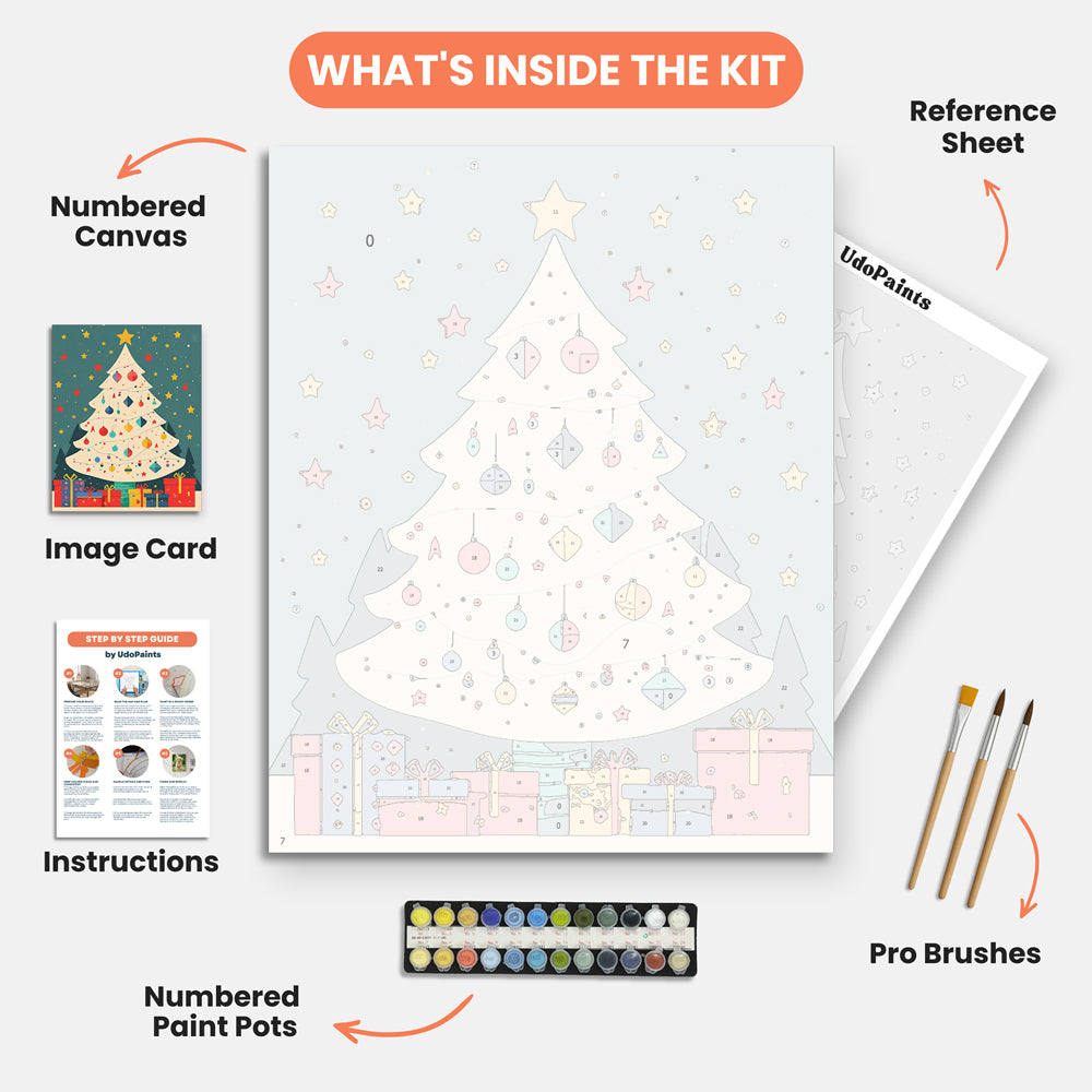 Festive Tree Paint by Numbers Kit – includes numbered canvas, paint pots, brushes, and instructions