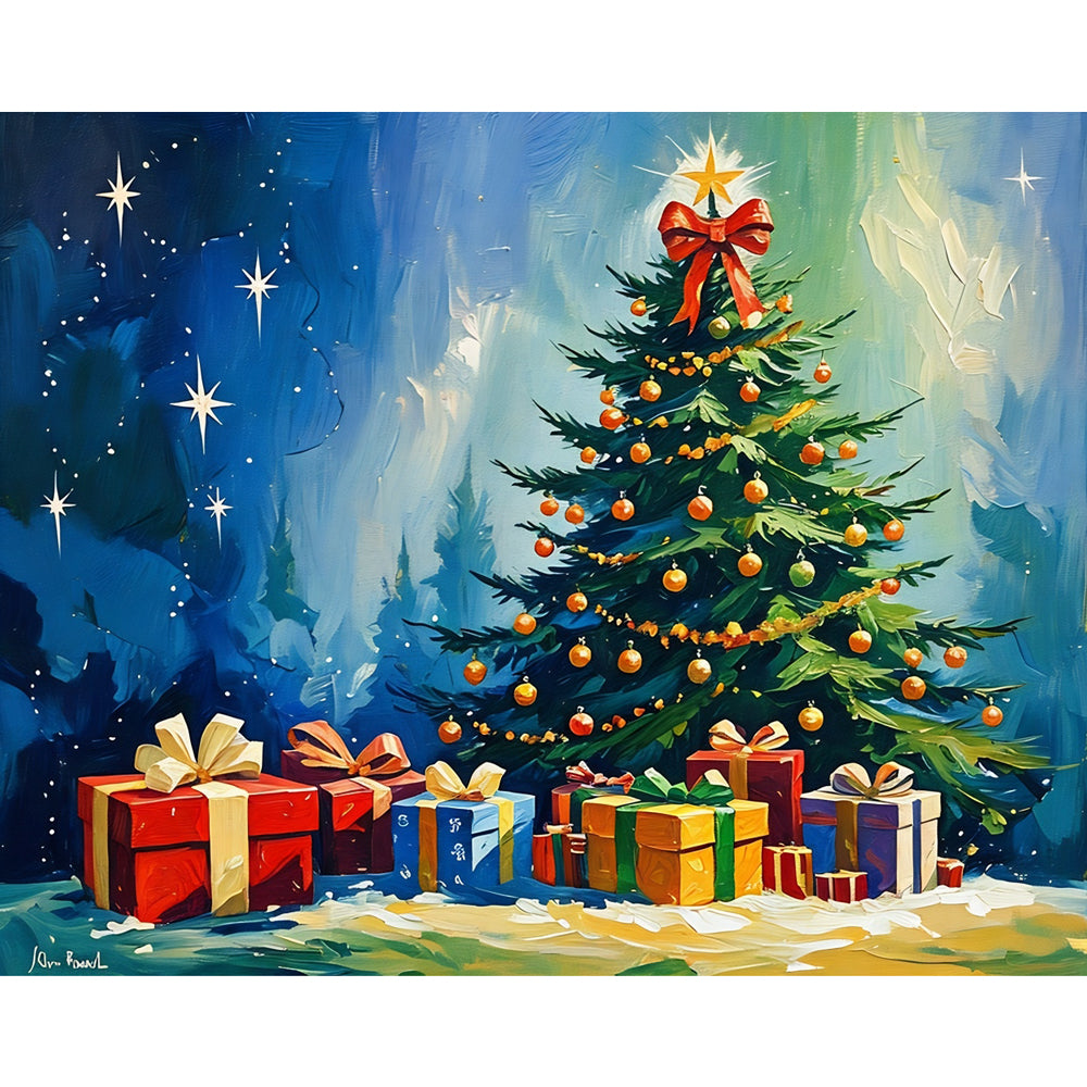 Festive Christmas Tree Paint by Numbers Kit design preview showing the full artwork layout before painting