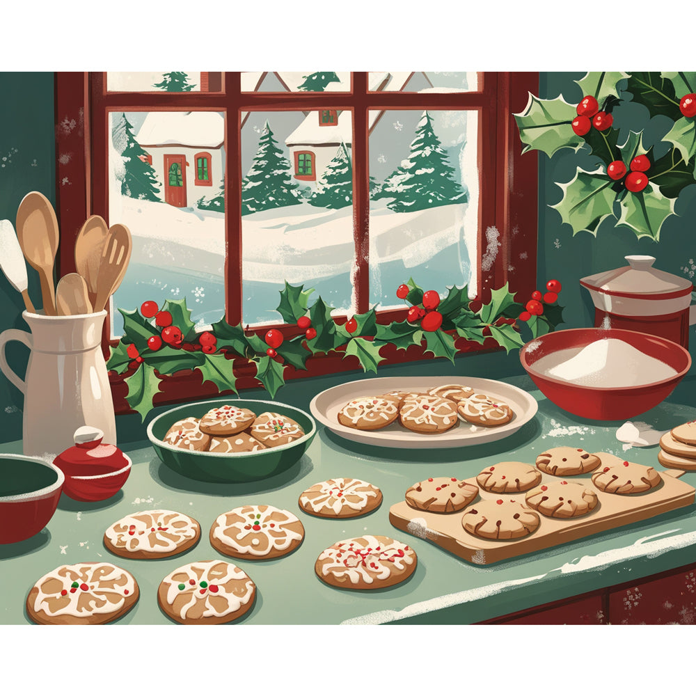 Festive Cookie Kitchen Paint by Numbers Kit design preview showing the full artwork layout before painting
