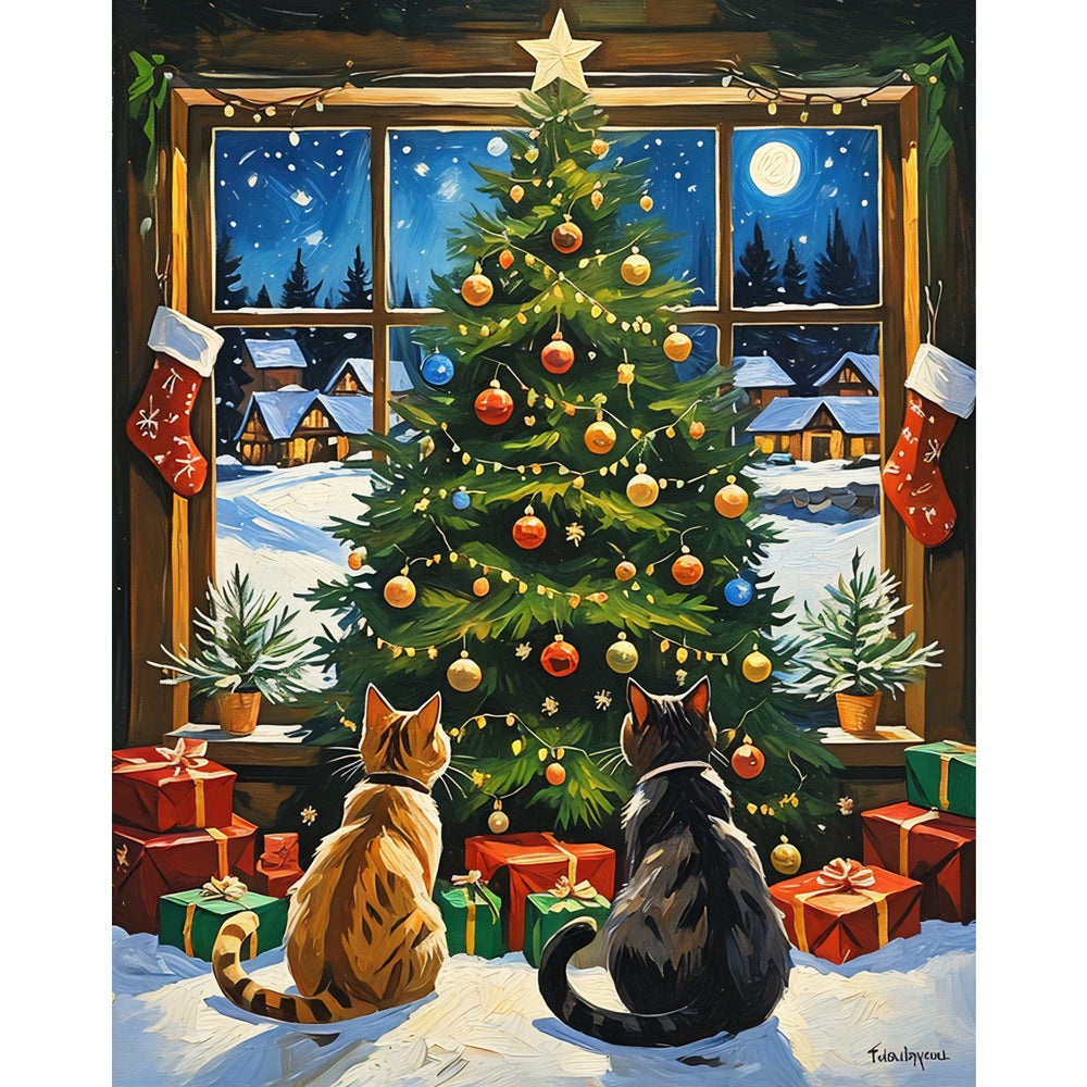 Festive Feline Night Paint by Numbers Kit design preview showing the full artwork layout before painting