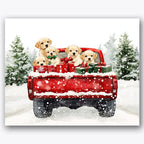 Paint by numbers design of puppies, red truck, five golden puppies, red festive truck