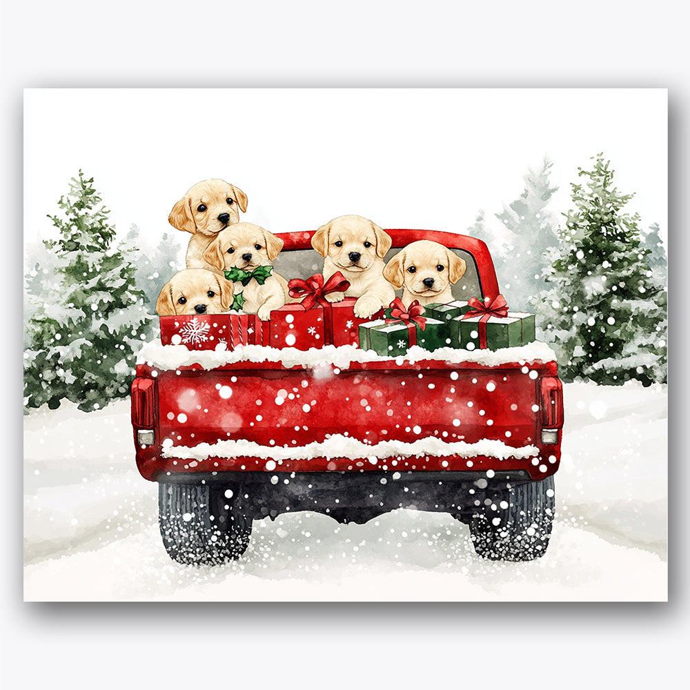 Paint by numbers design of puppies, red truck, five golden puppies, red festive truck