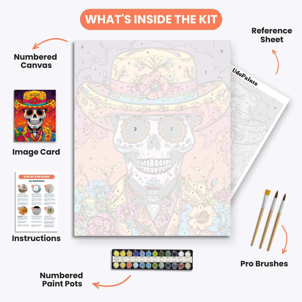 Festive Skeleton Paint by Numbers Kit – includes numbered canvas, paint pots, brushes, and instructions