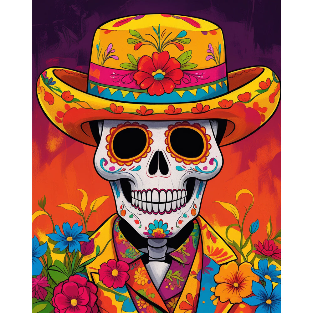 Festive Skeleton Paint by Numbers Kit design preview showing the full artwork layout before painting