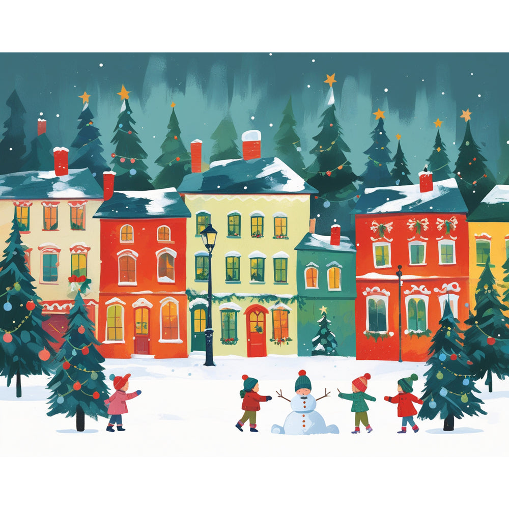 Festive Snowy Neighborhood Paint by Numbers Kit design preview showing the full artwork layout before painting