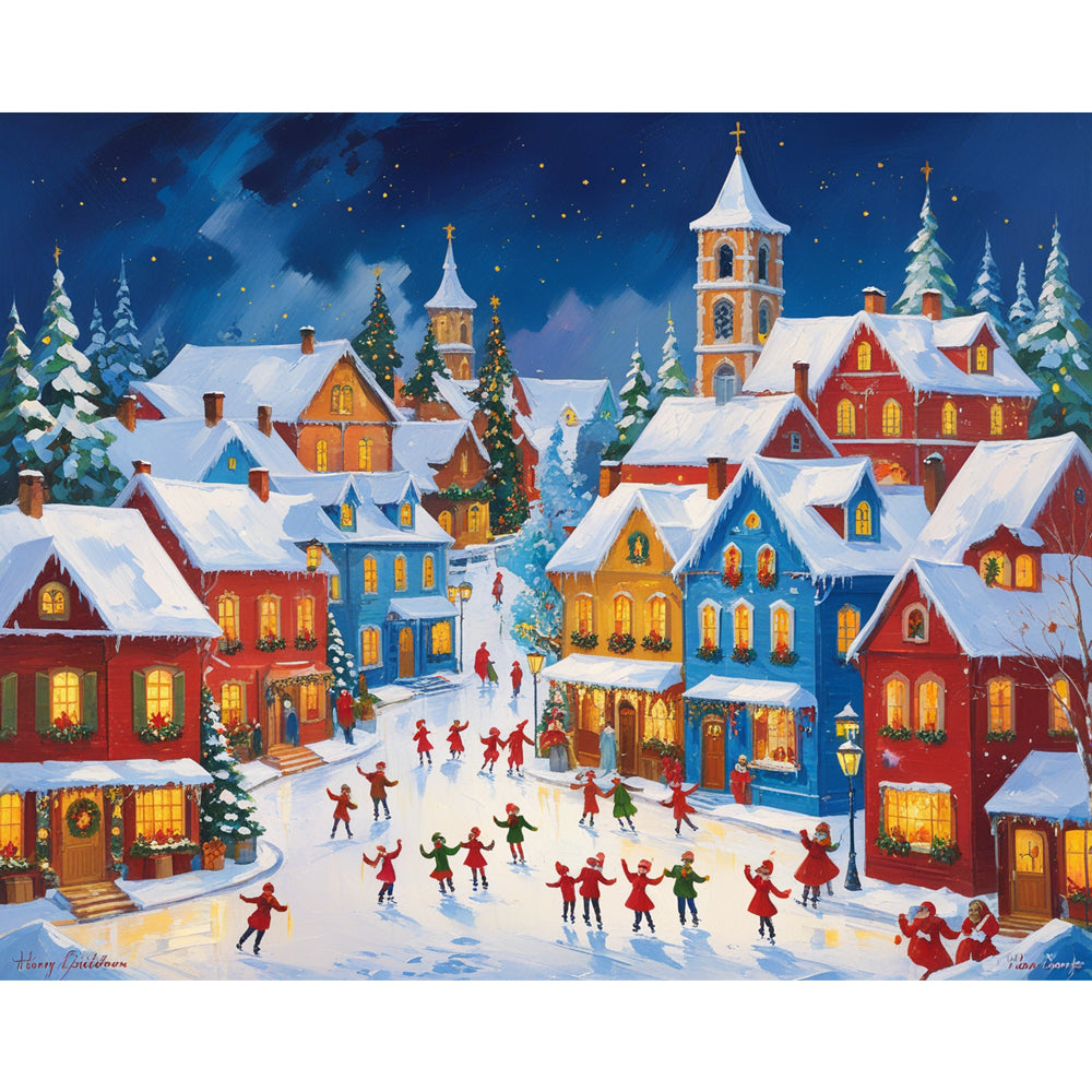 Festive Winter Village Paint by Numbers Kit design preview showing the full artwork layout before painting