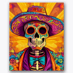 Paint by numbers design of skeleton, colorful hat, multicolored ornate hat, vibrant floral backdrop