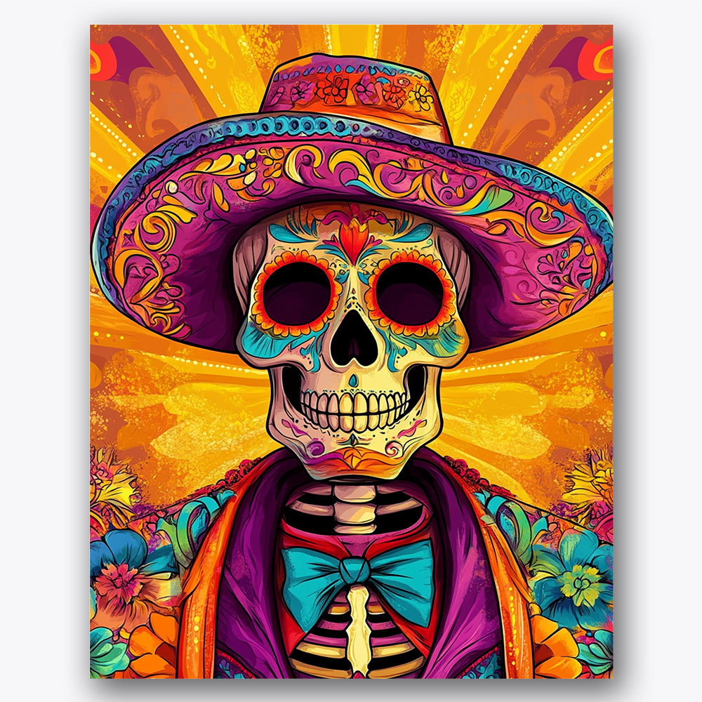 Paint by numbers design of skeleton, colorful hat, multicolored ornate hat, vibrant floral backdrop