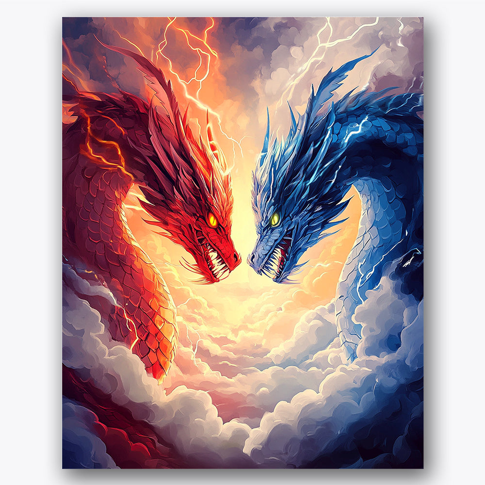 Paint by numbers design of dragons, storm clouds, red dragon scales, blue dragon scales