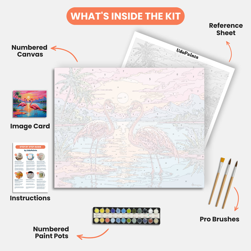 Flamingo Serenity Paint by Numbers Kit – includes numbered canvas, paint pots, brushes, and instructions